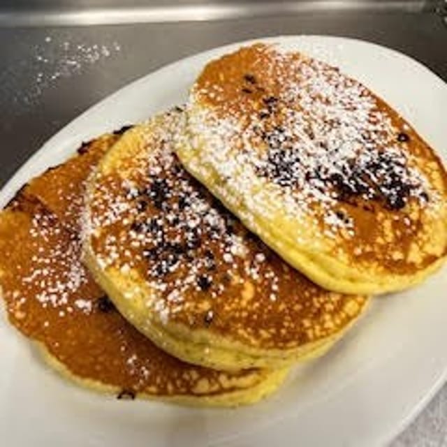 Chocolate Chip Pancakes with Eggs.