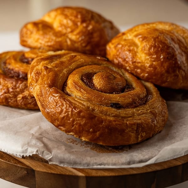 Four golden-brown pastries, including a prominent cinnamon roll, on parchment paper atop a wooden board.